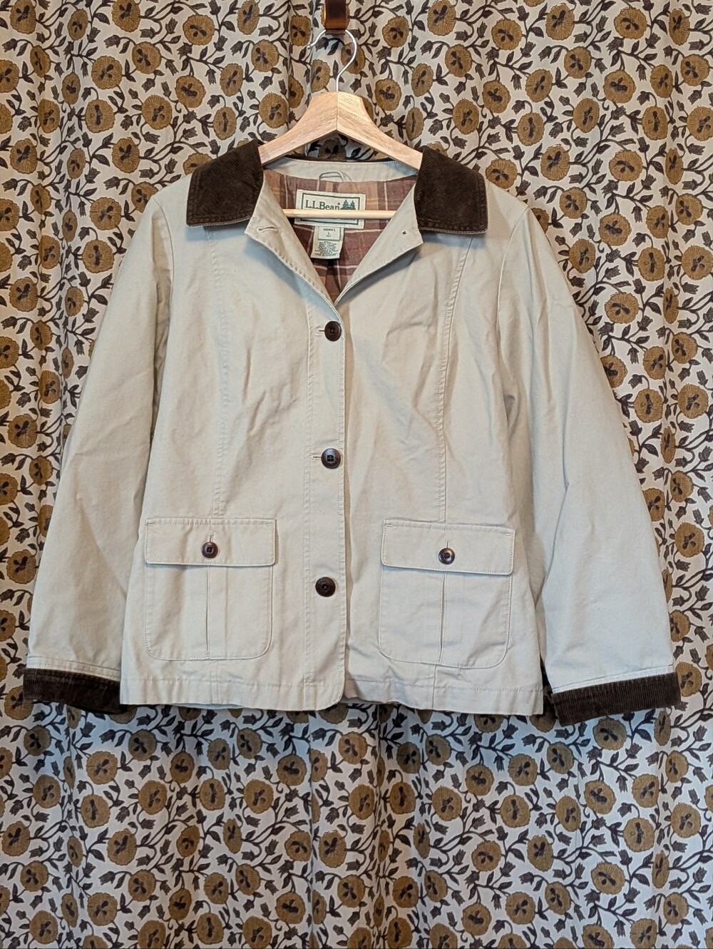 L.L. Bean Women's Beige Barn Jacket with Brown Corduroy Accents